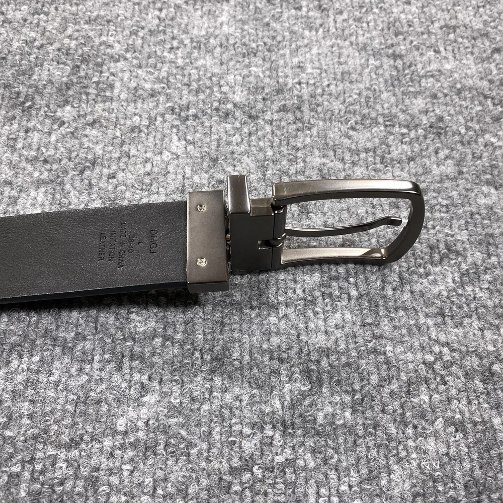 DVGJ Belt Mens L 38-40 Black Faux Leather Silver Buckle Classic Reversible